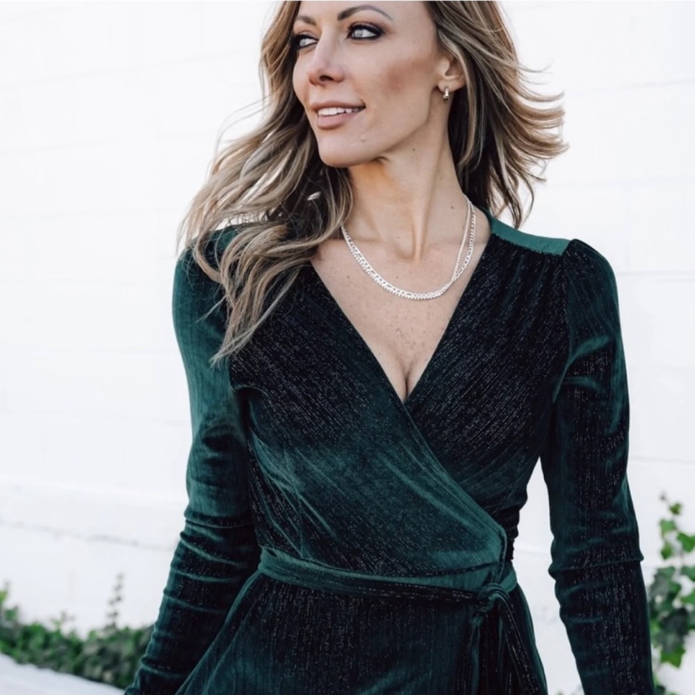 NWTG Baltic Born green velvet long-sleeved wrap dress.